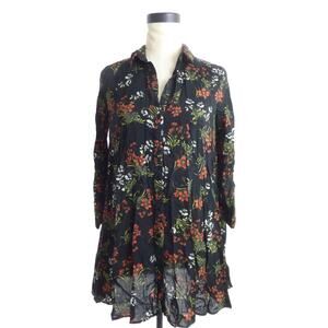 ZARA Mini Floral Print Shirt Dress XS Black Button Front 3/4 Sleeve